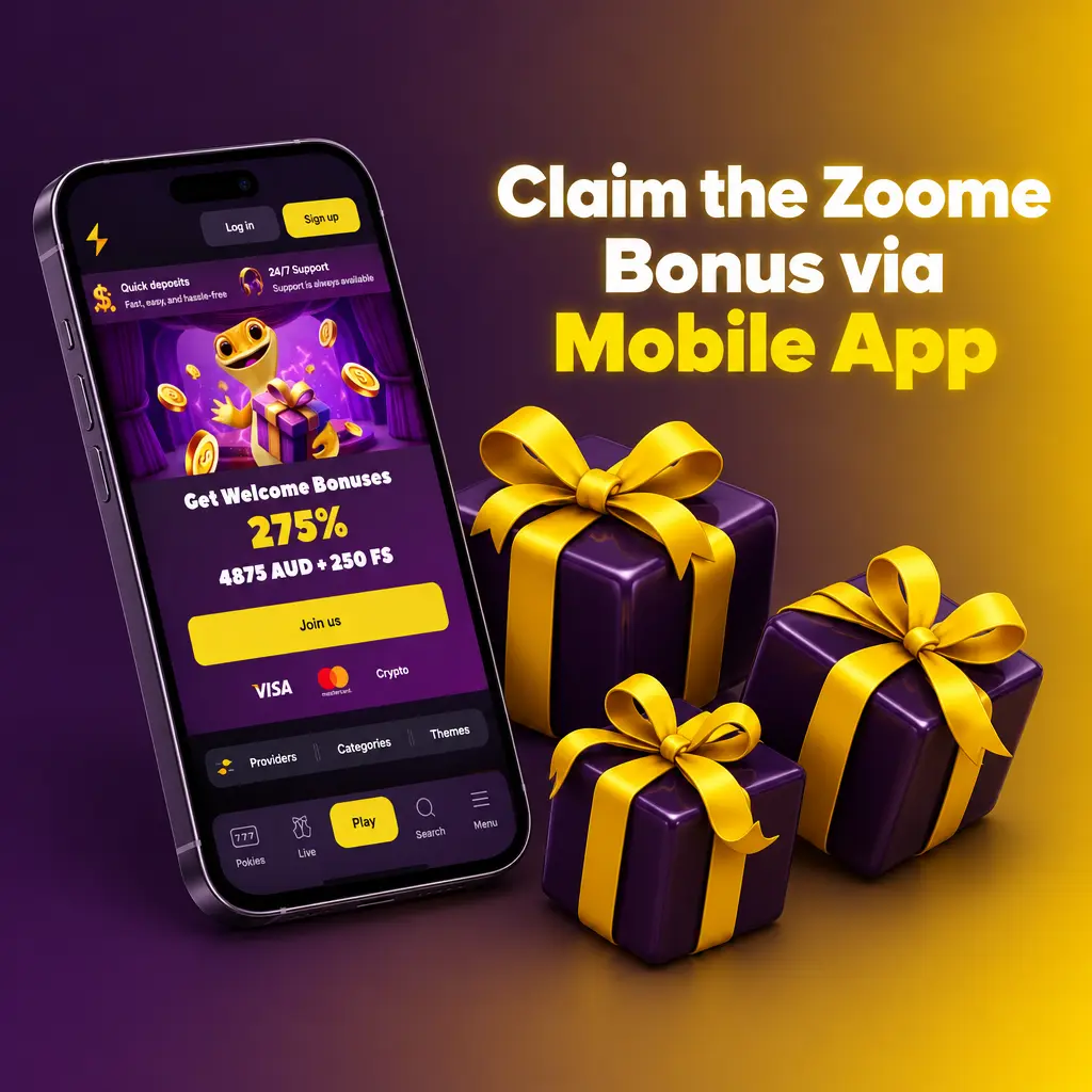 Smartphone showing the Zoome app with a Claim a bonus button for casino and sportsbook offers