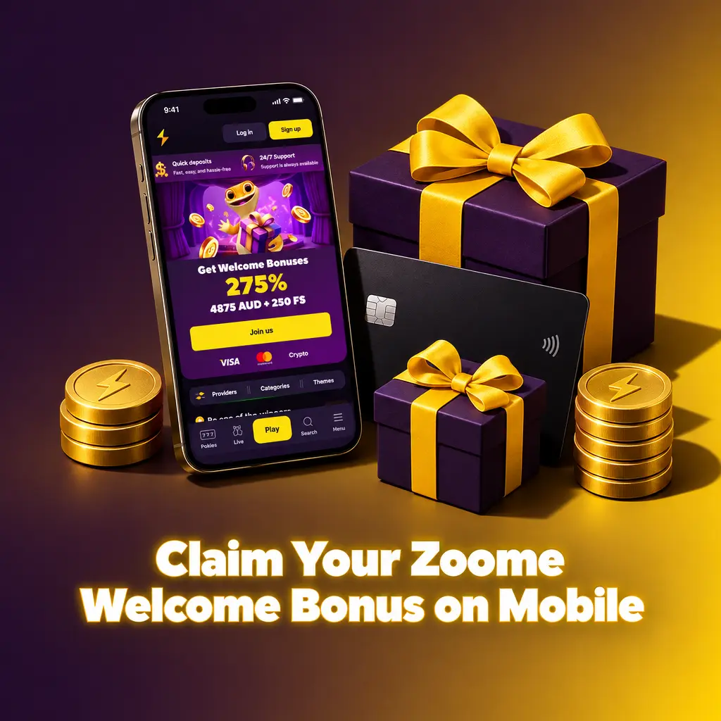 Smartphone showing the Zoome app with casino and sportsbook options and a Claim a bonus button for the welcome offer