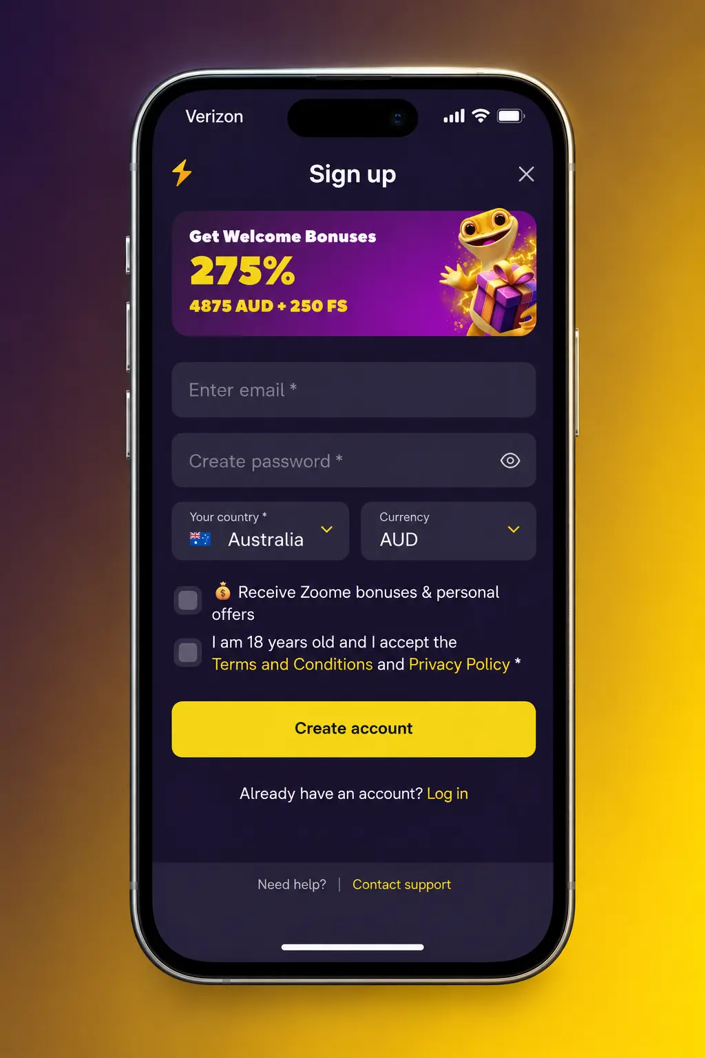 Screenshot of the Zoome sign-up page showing the Register button, the first step to claim the bonus in AUD
