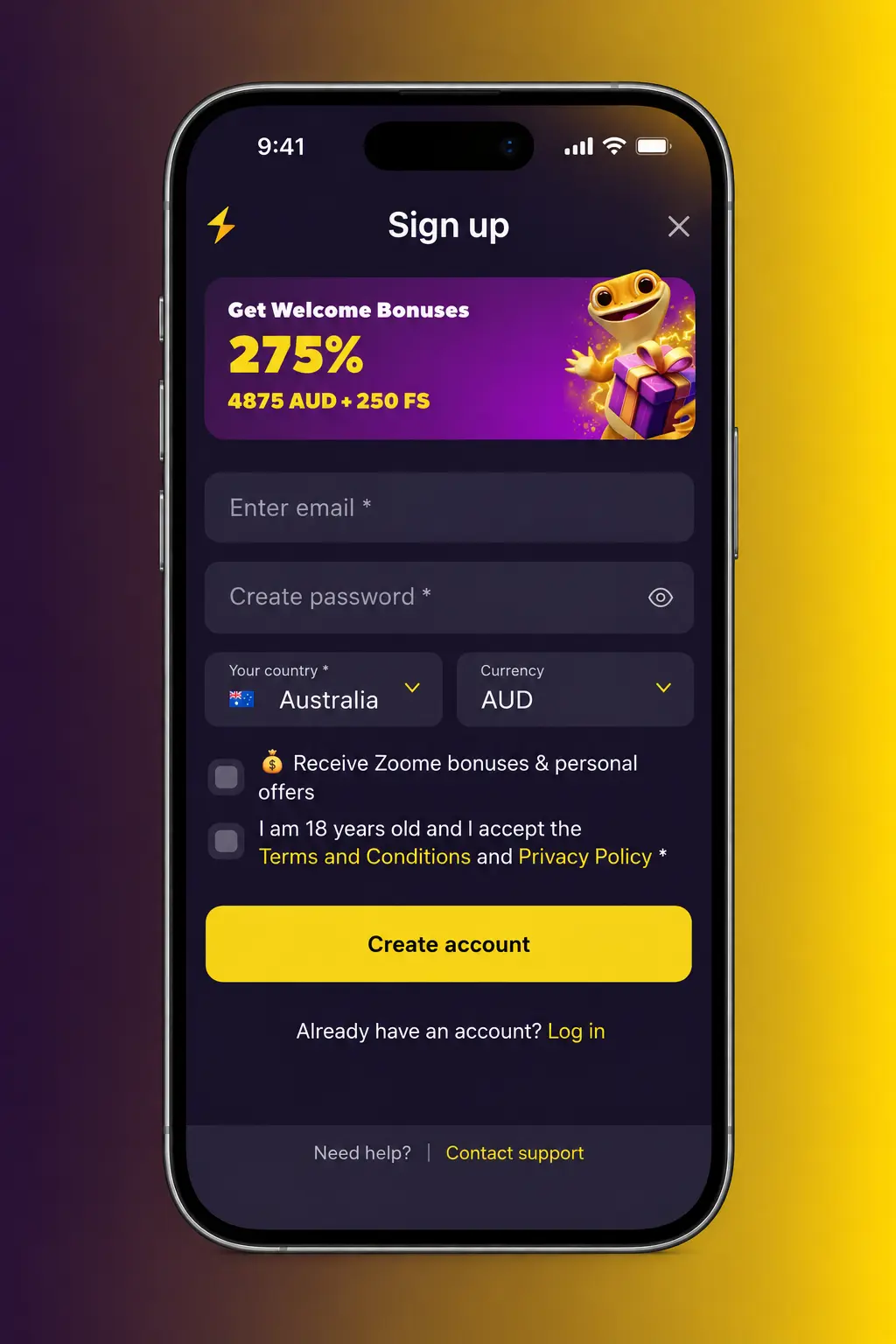 Screenshot of the Zoome registration page showing the sign-up form to claim the welcome bonus in six steps