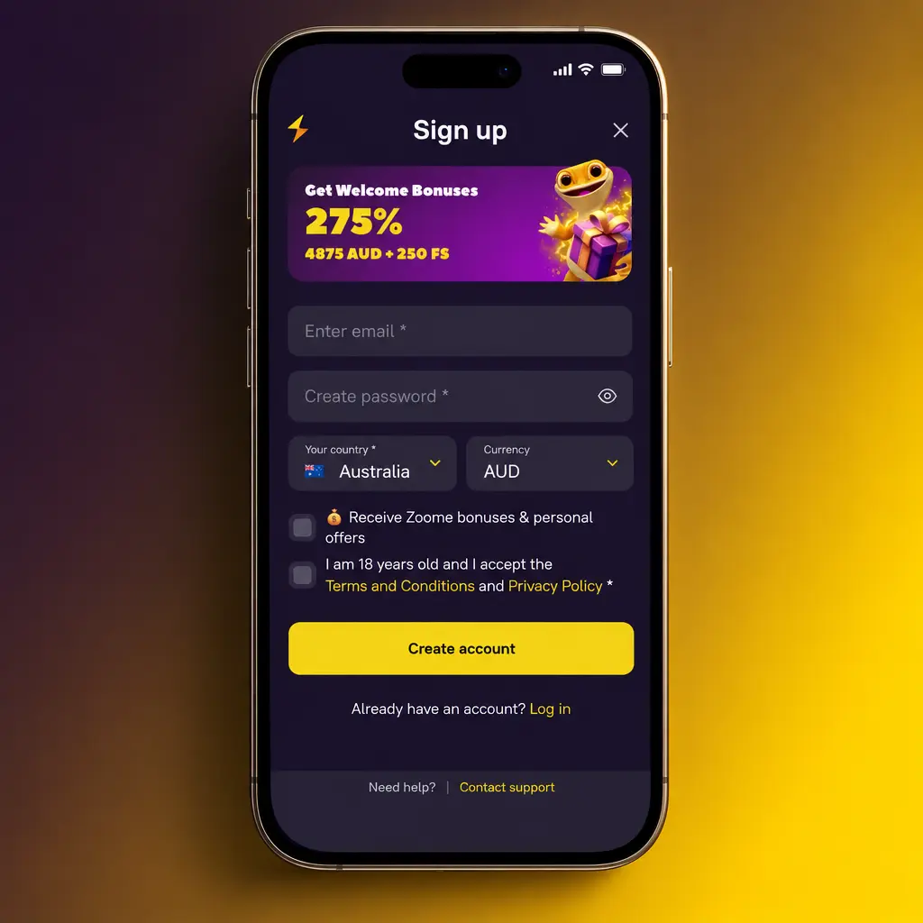 Screenshot showing the four steps to claim the Zoome welcome bonus, from signing up to checking wagering progress
