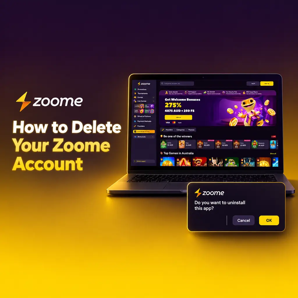 Illustrated steps showing how to delete a Zoome account, including withdrawing funds and contacting support by email