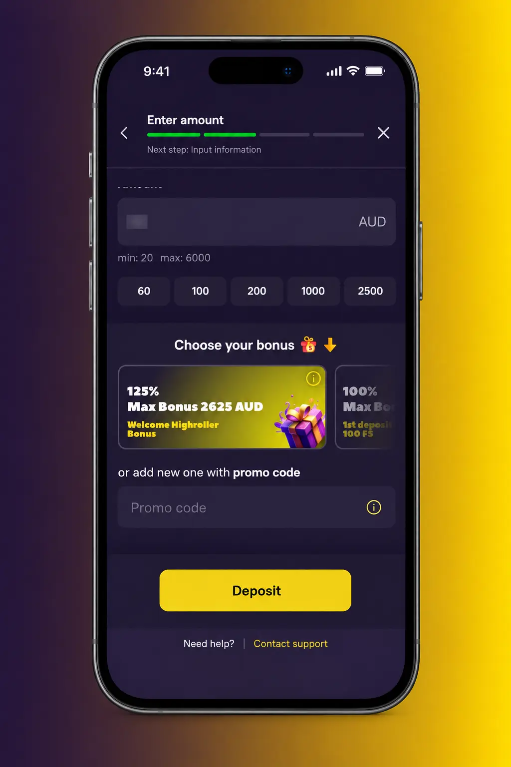Screenshot of the Zoome deposit page with the bonus code field for claiming the welcome offer in AUD