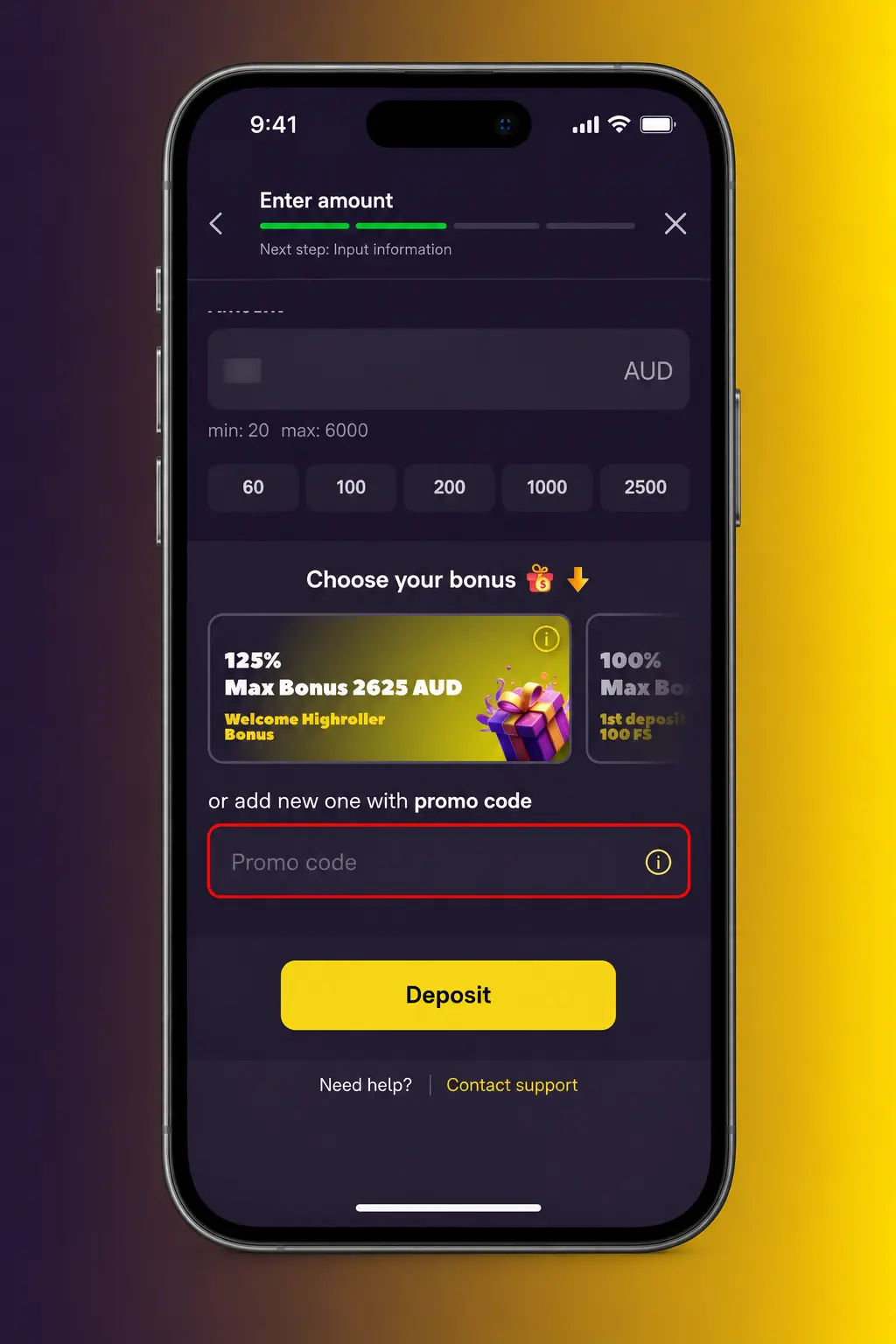 Screenshot of the Zoome deposit page with the bonus code field for claiming the welcome offer in AUD