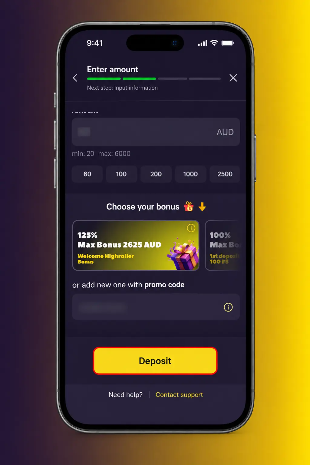 Screenshot of the Zoome deposit page with the bonus code field for claiming the welcome offer in AUD