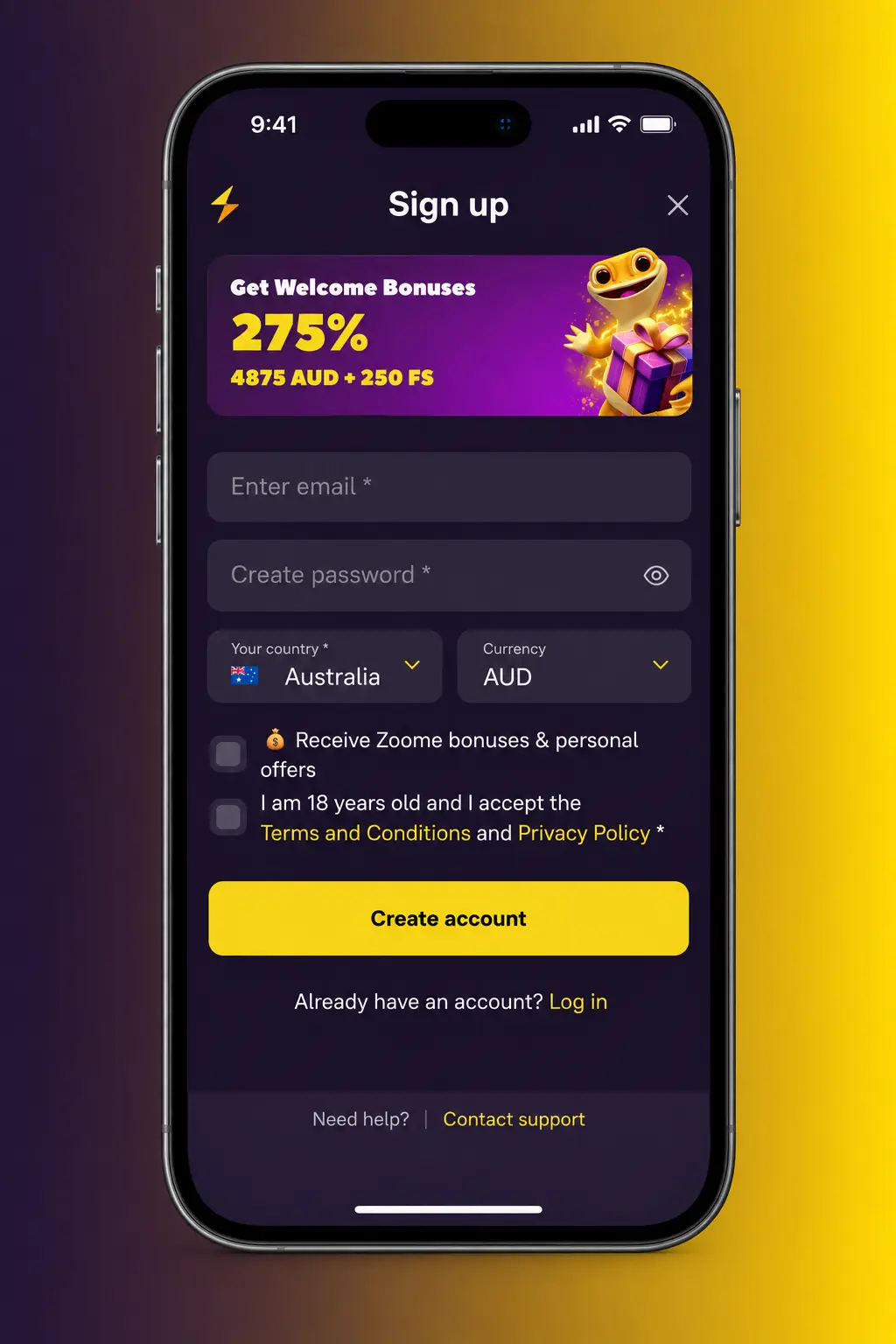 Screenshot of the Zoome deposit page showing the bonus code field and welcome offer selection in AUD