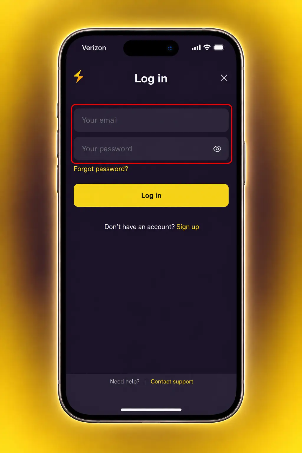 Zoome app login screen shown on a smartphone display, with the sign-in form ready for entering account details