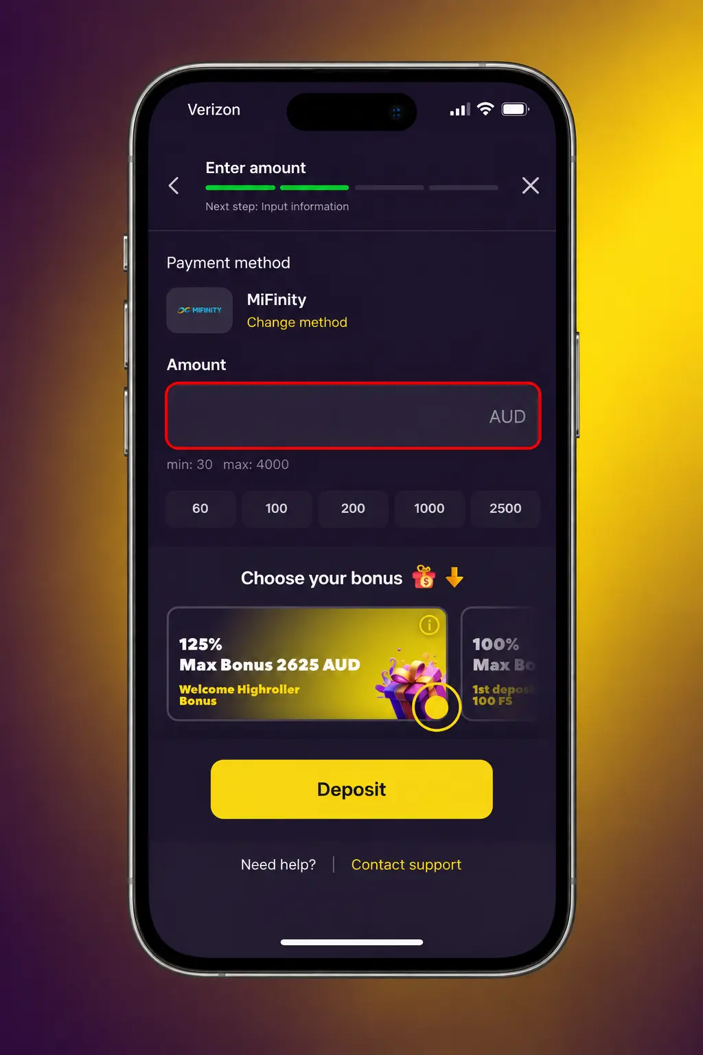 Zoome casino deposit screen showing payment methods and AUD amount field for funding your account in four steps