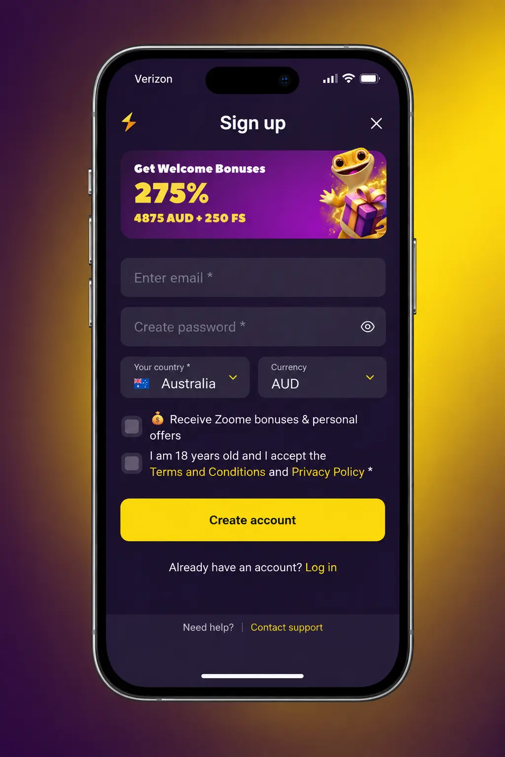 Zoome casino deposit page showing the four steps to fund your account in AUD using Visa, crypto or bank transfer