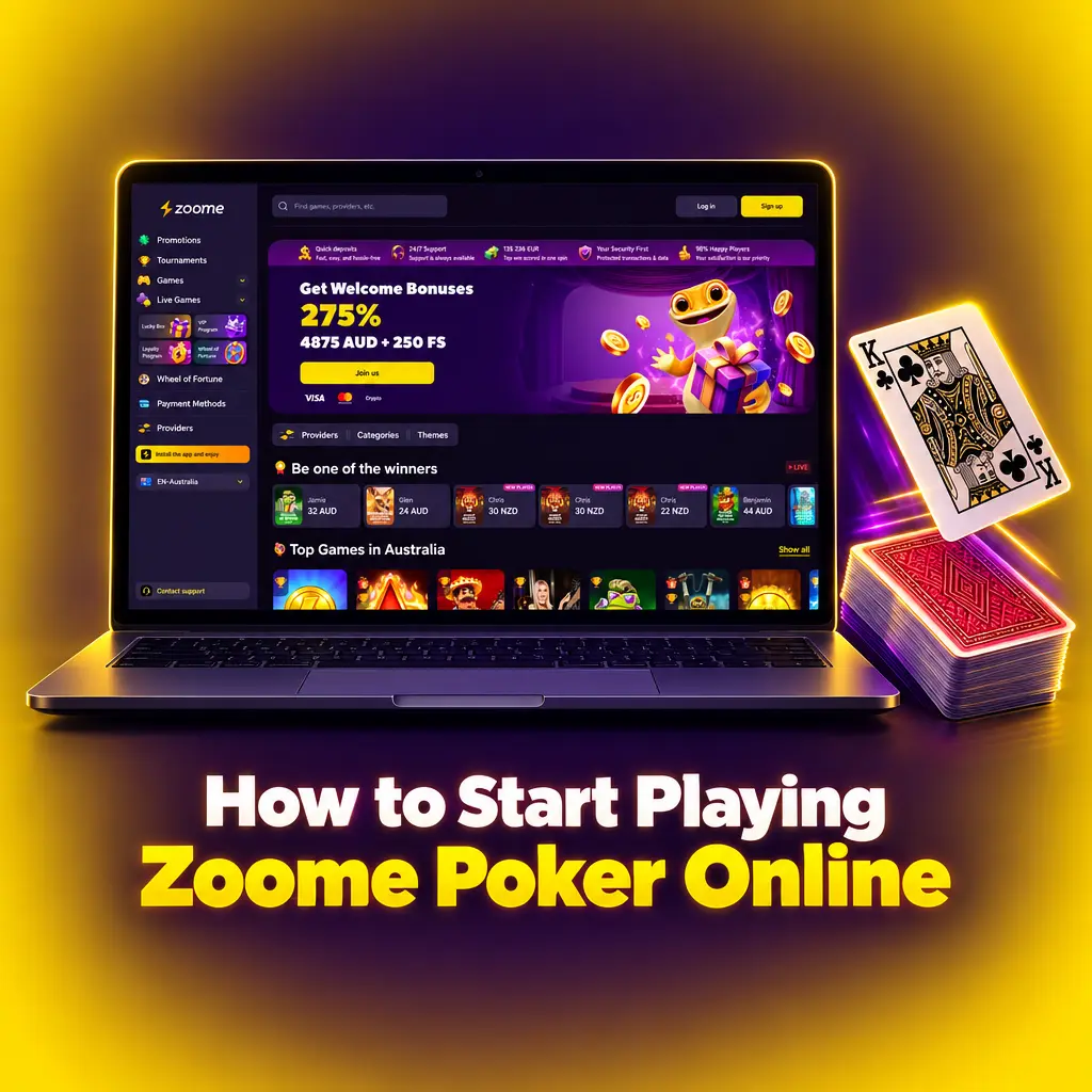 Steps to start playing Zoome poker online: register, log in, deposit, choose a poker game and place your first bet