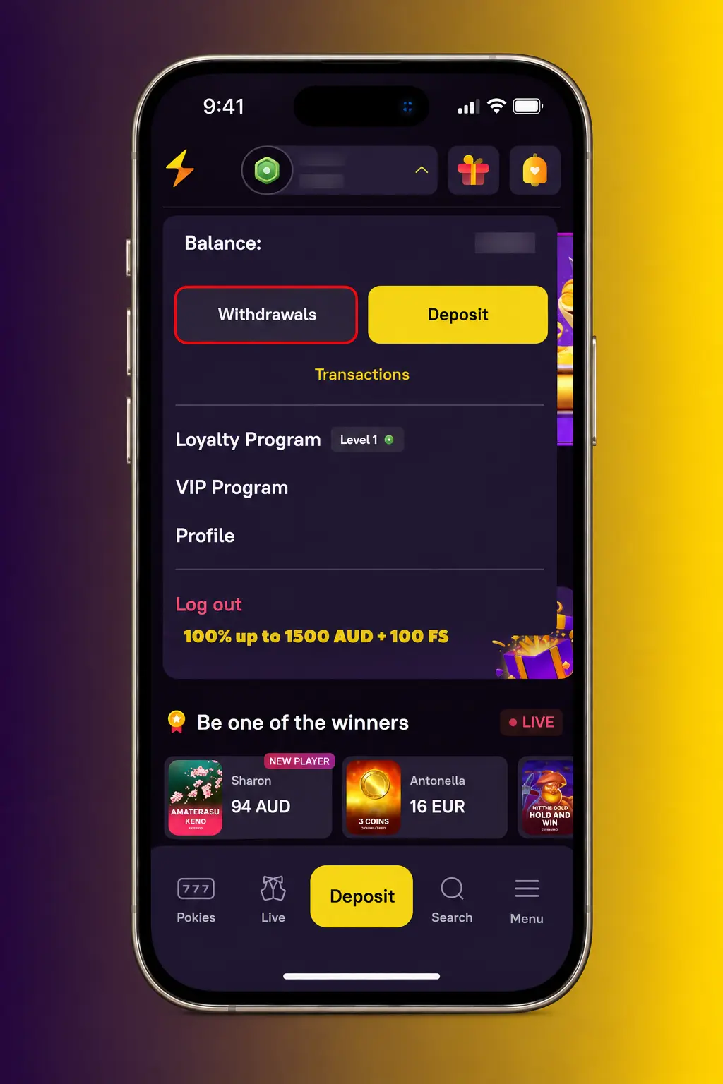 Zoome Australia cashier screen showing the Withdraw option, payment method and AUD amount fields for a withdrawal request