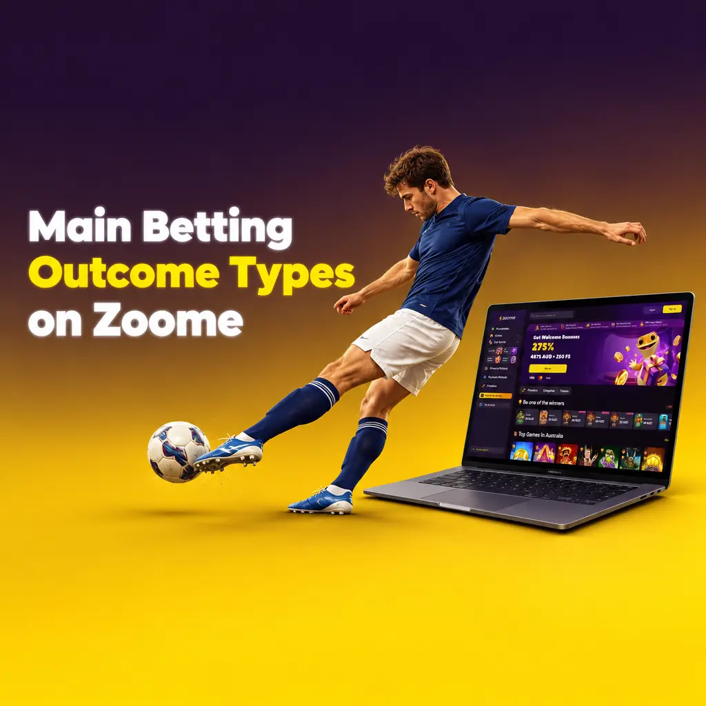 Infographic of five betting outcome types on Zoome: 1X2, Over/Under, handicap, double chance and both teams to score