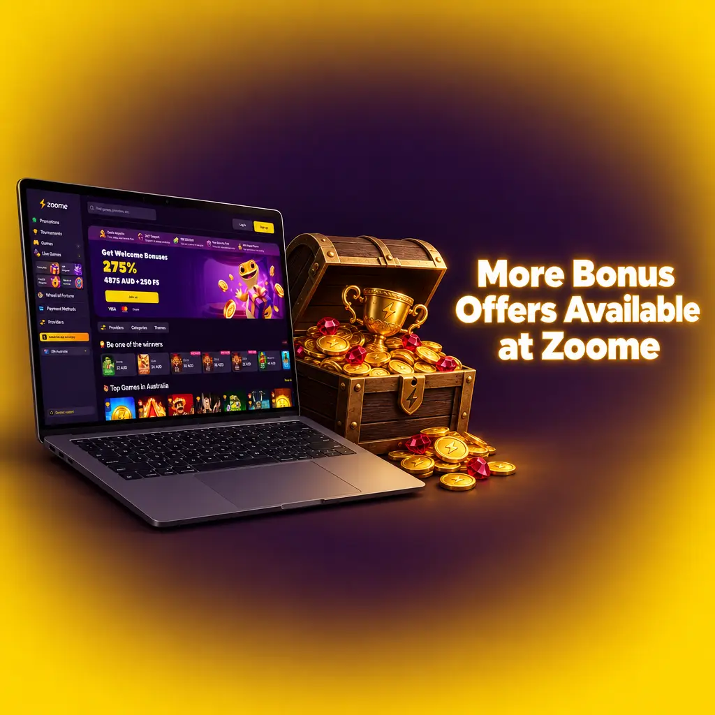 Zoome casino bonus offers for new players, including deposit match bonuses and free spins, with amounts in AUD