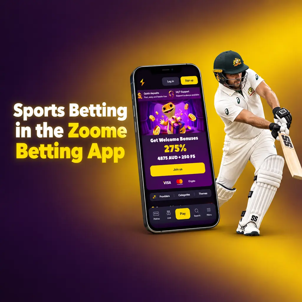 Zoome Betting App screen showing sports betting options with LIVE and LINE modes for AFL, NRL, cricket and more