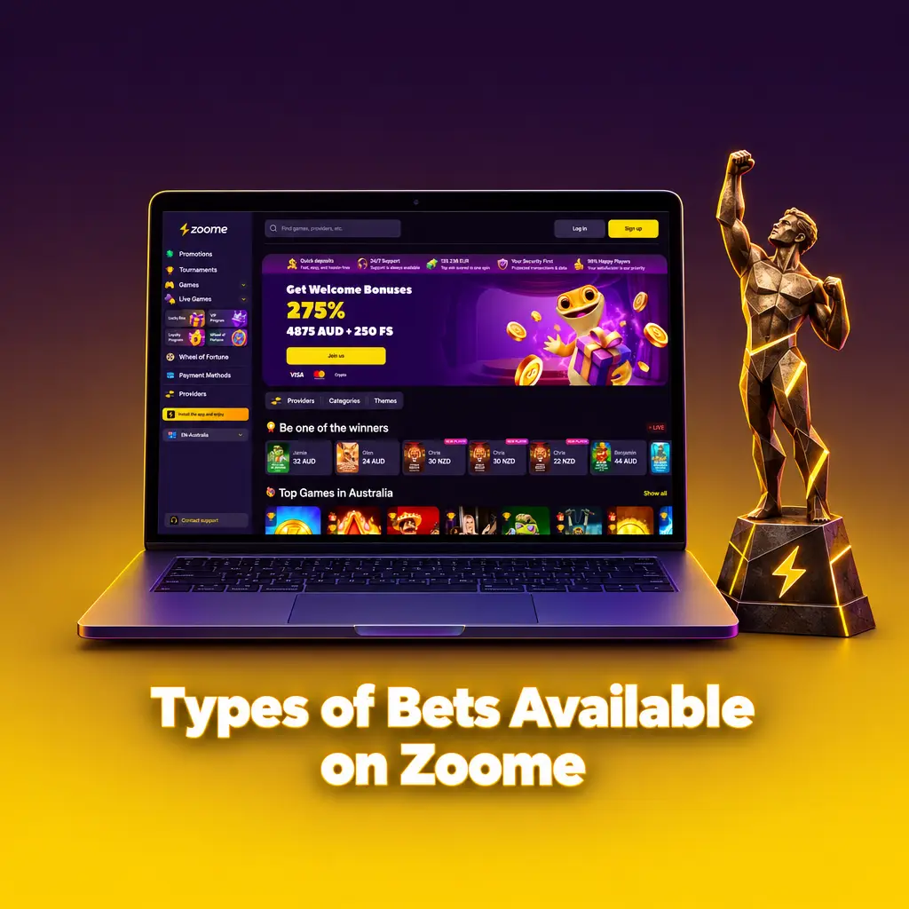 Infographic of Zoome bet types: single, express multi and system bets, with AUD stake and odds examples
