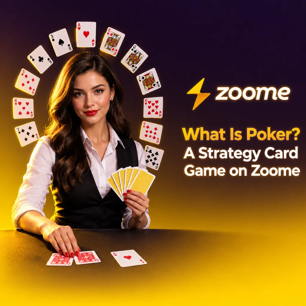 Poker cards and chips on a table showing a winning hand in a strategy card game available on Zoome