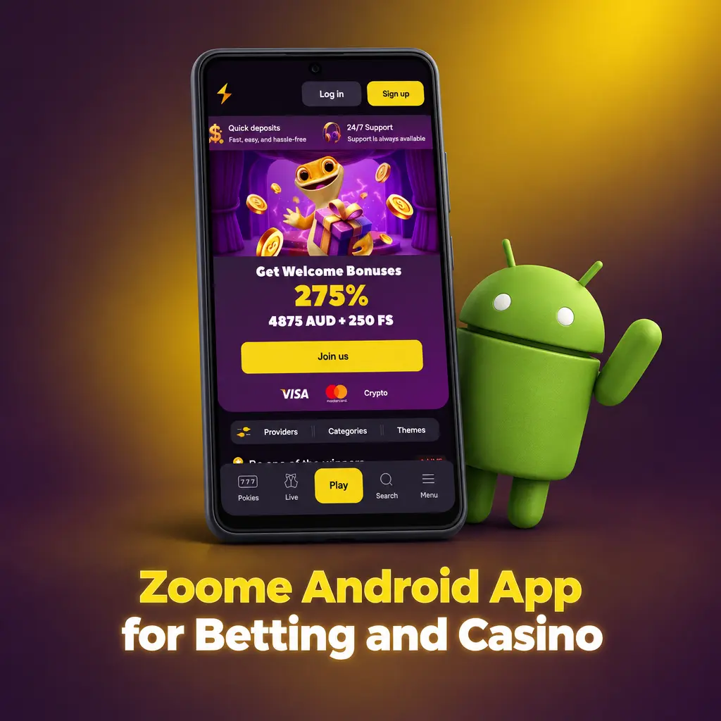 Zoome Android app on a smartphone for sports betting and casino games, with a Download Android App button