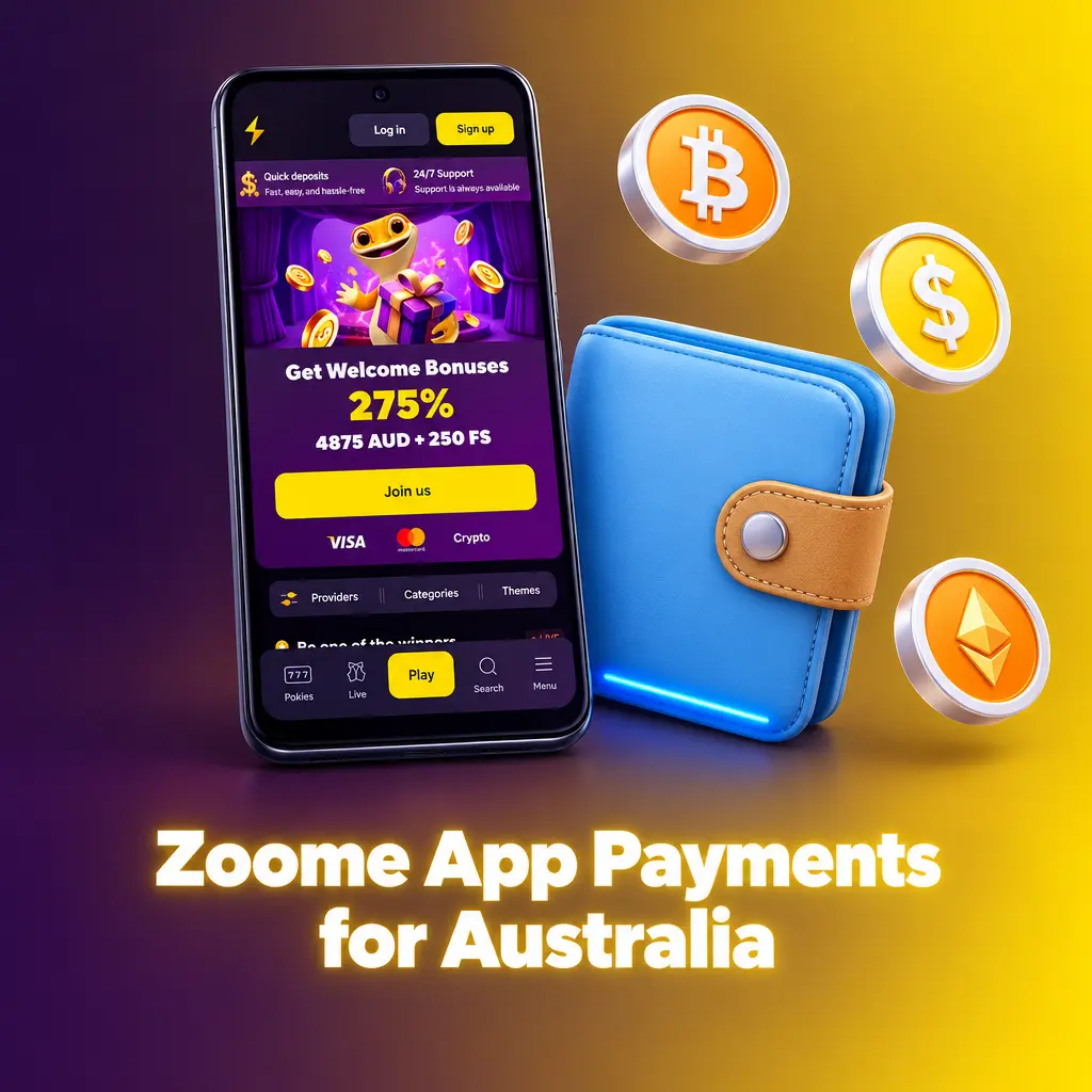 Zoome app cashier showing payment methods for Australian players, including Visa, Mastercard, bank transfer and crypto
