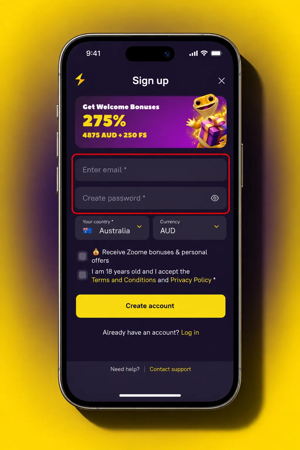 Zoome mobile app registration screen showing the sign-up steps for Australian players with AUD currency and bonus choice