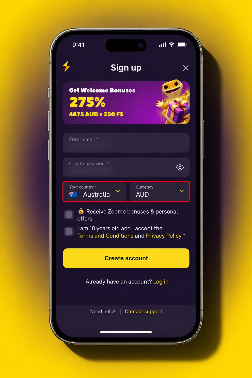 Zoome mobile app registration screen showing the sign-up steps for Australian players, with AUD currency and bonus selection