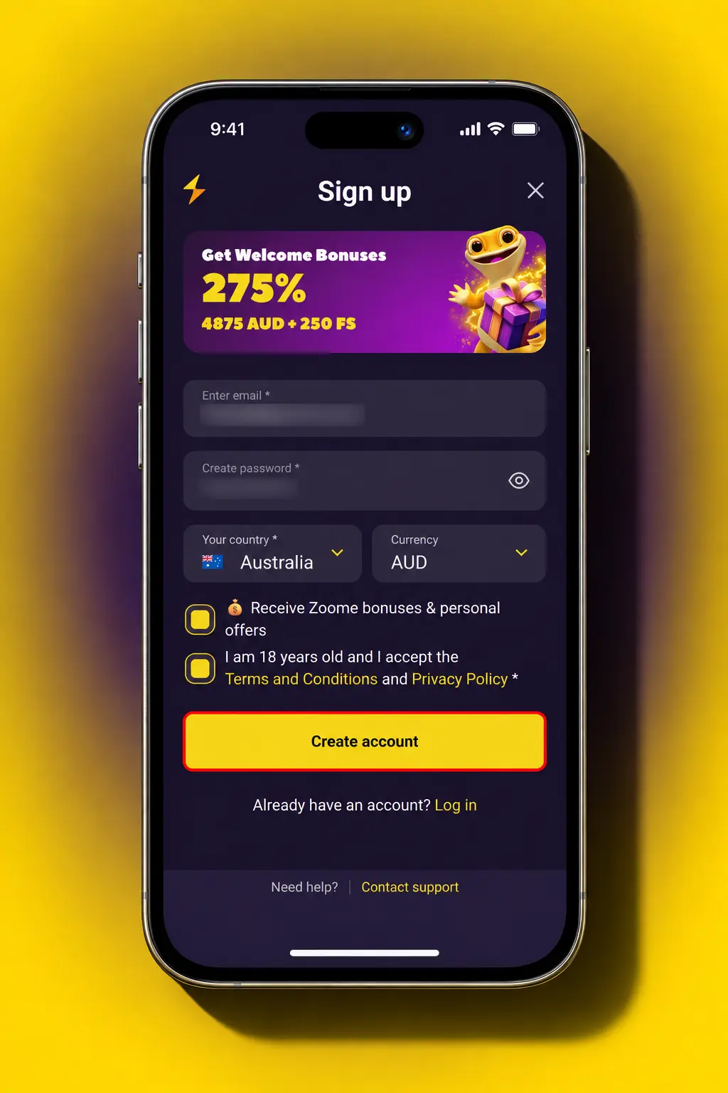 Zoome mobile app registration screen showing the sign-up steps for Australian players, with AUD currency and bonus selection