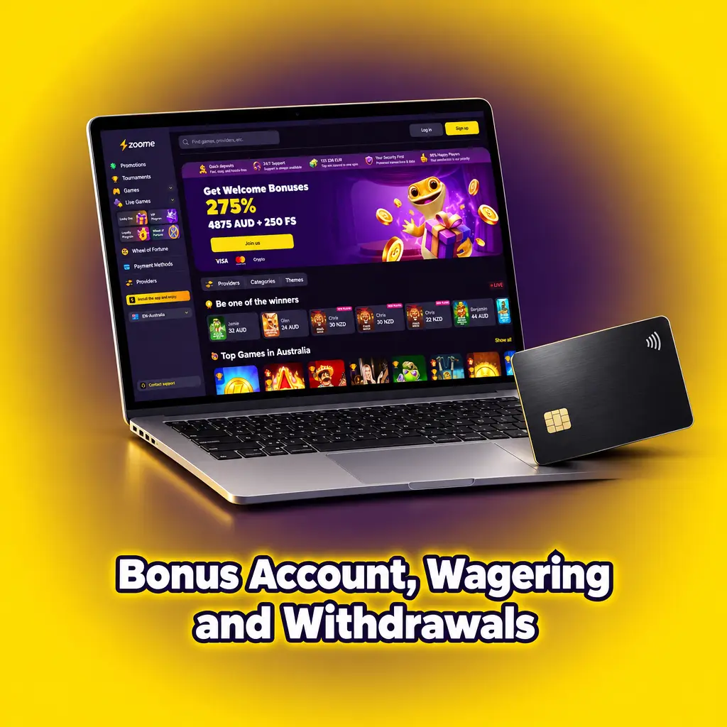 Casino bonus account screen showing wagering requirements, time limit, max bet and withdrawal steps for Zoome players