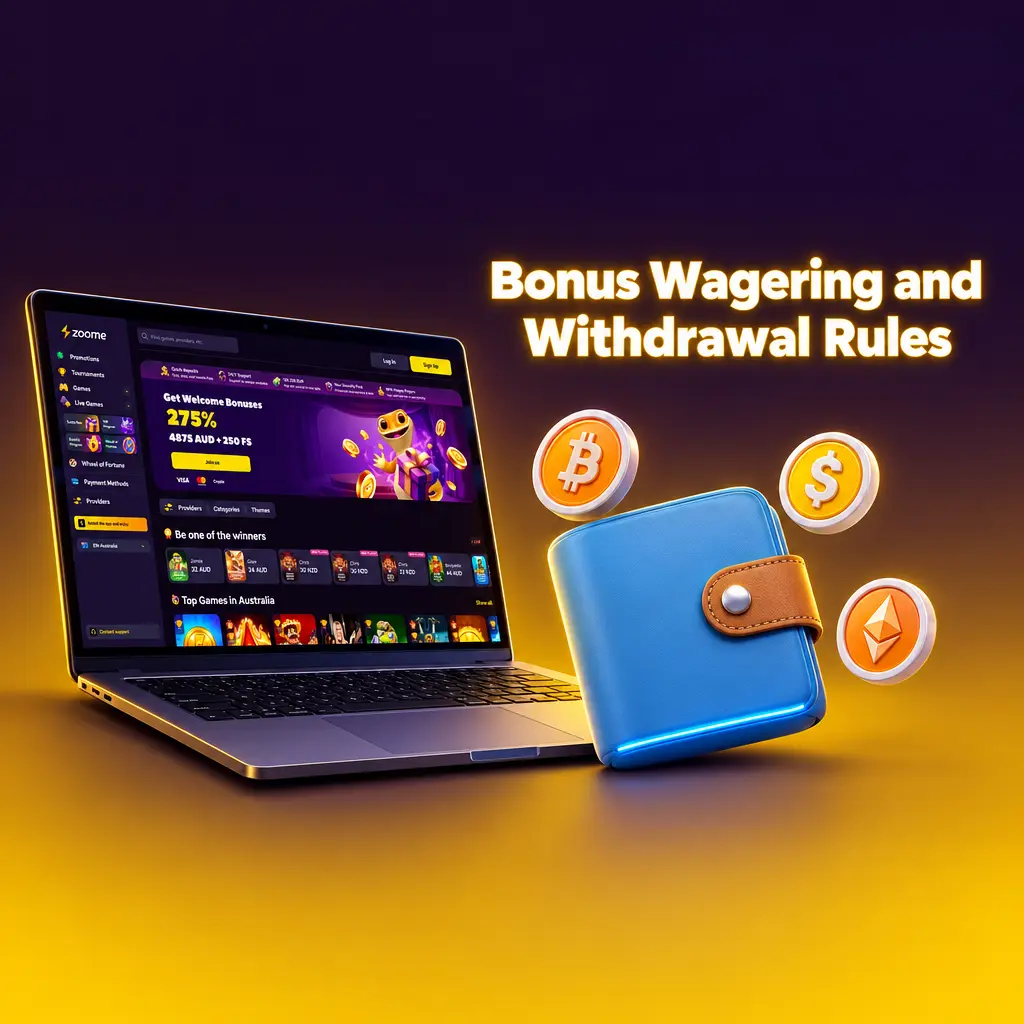 Infographic of Zoome bonus wagering and withdrawal rules, showing 30x wagering, bet limits, time limit and verification steps
