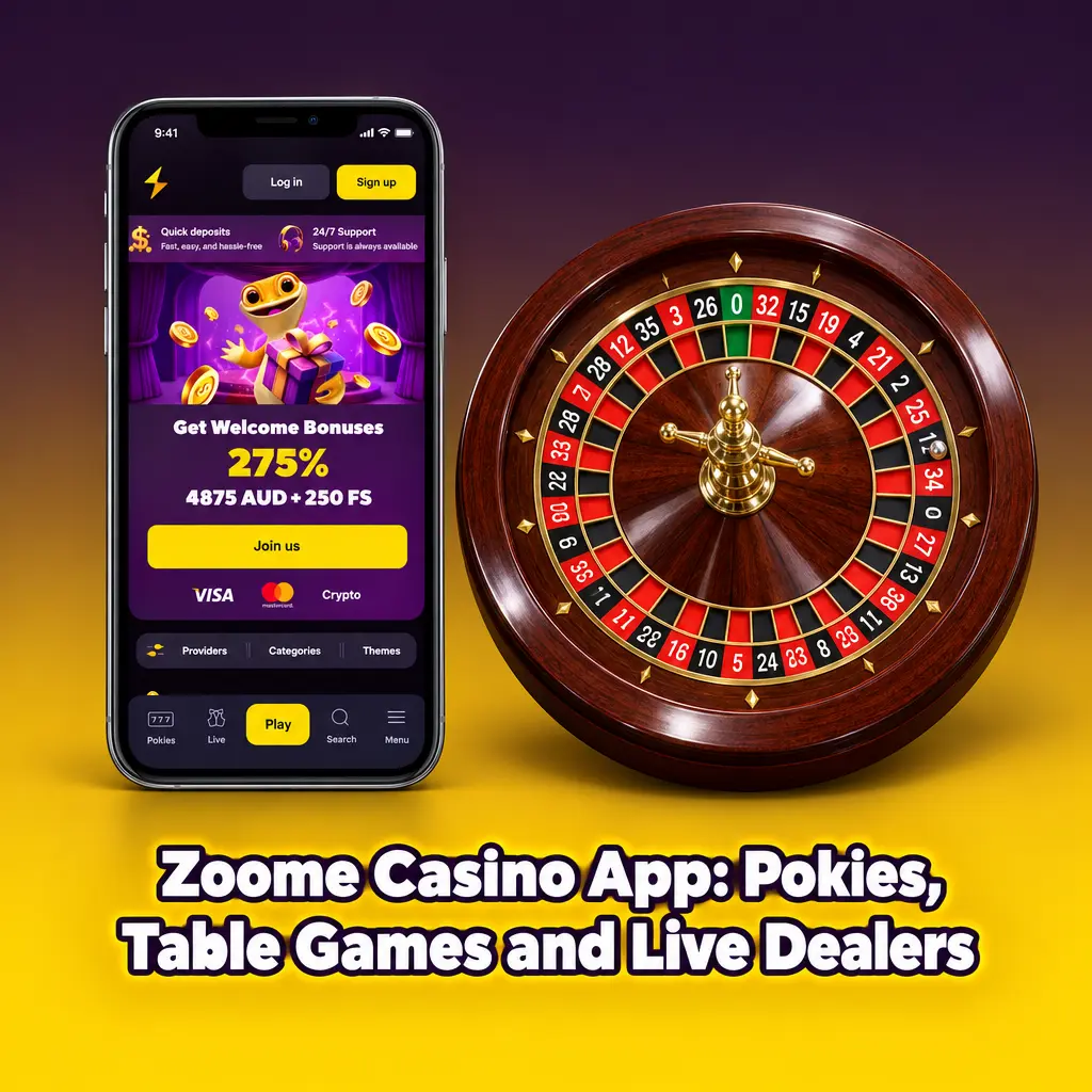 Zoome casino app lobby on a phone showing pokies, blackjack, roulette, baccarat and live dealer games with promotions
