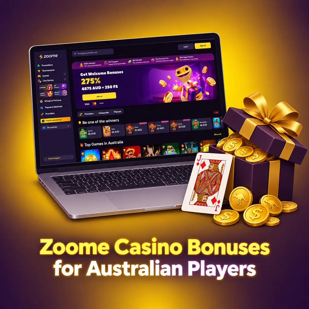 Zoome casino welcome bonuses for Australian players with AUD deposit matches and up to 100 free spins on slots