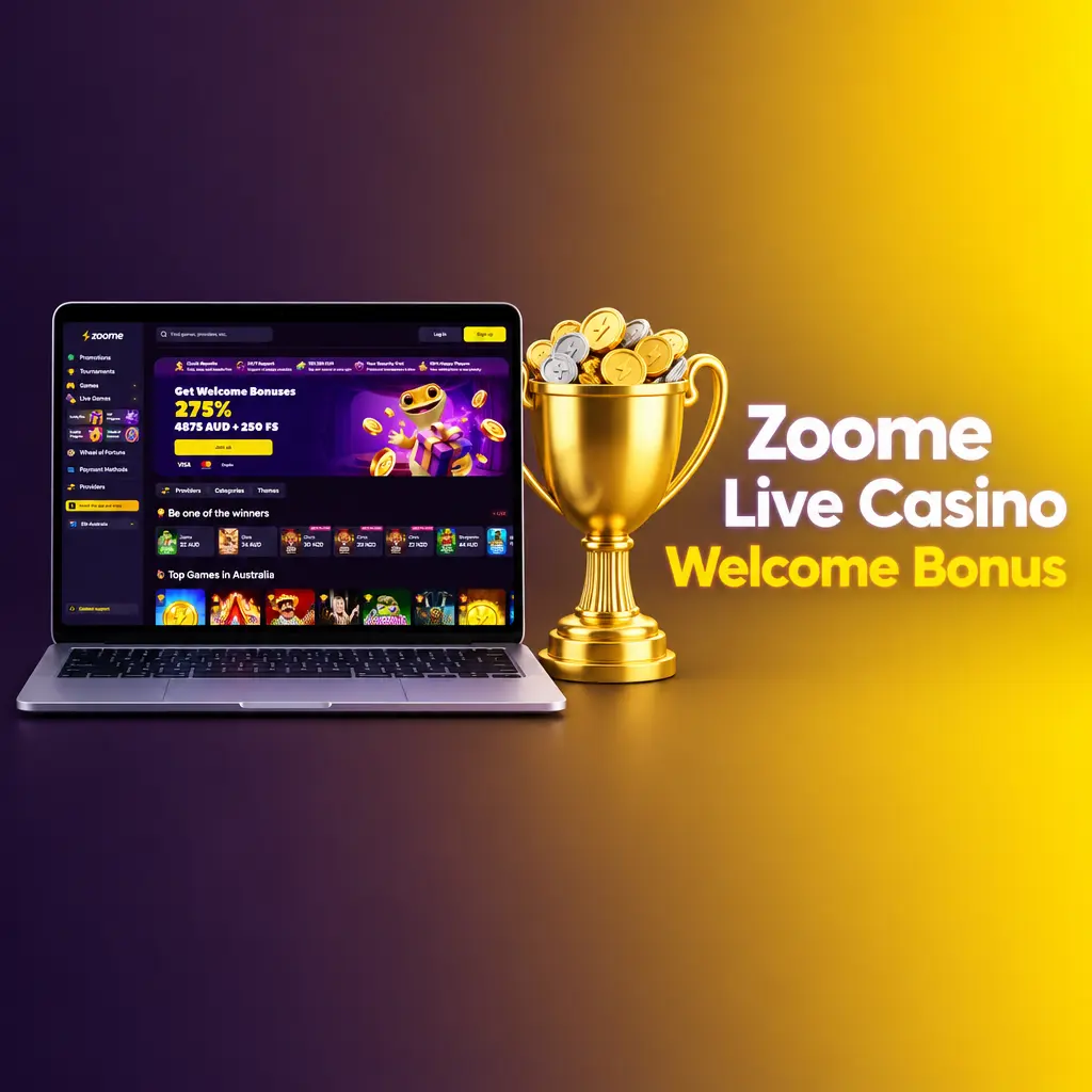 Zoome live casino welcome bonus banner offering up to 6,375 AUD and 250 free spins for new Australian players