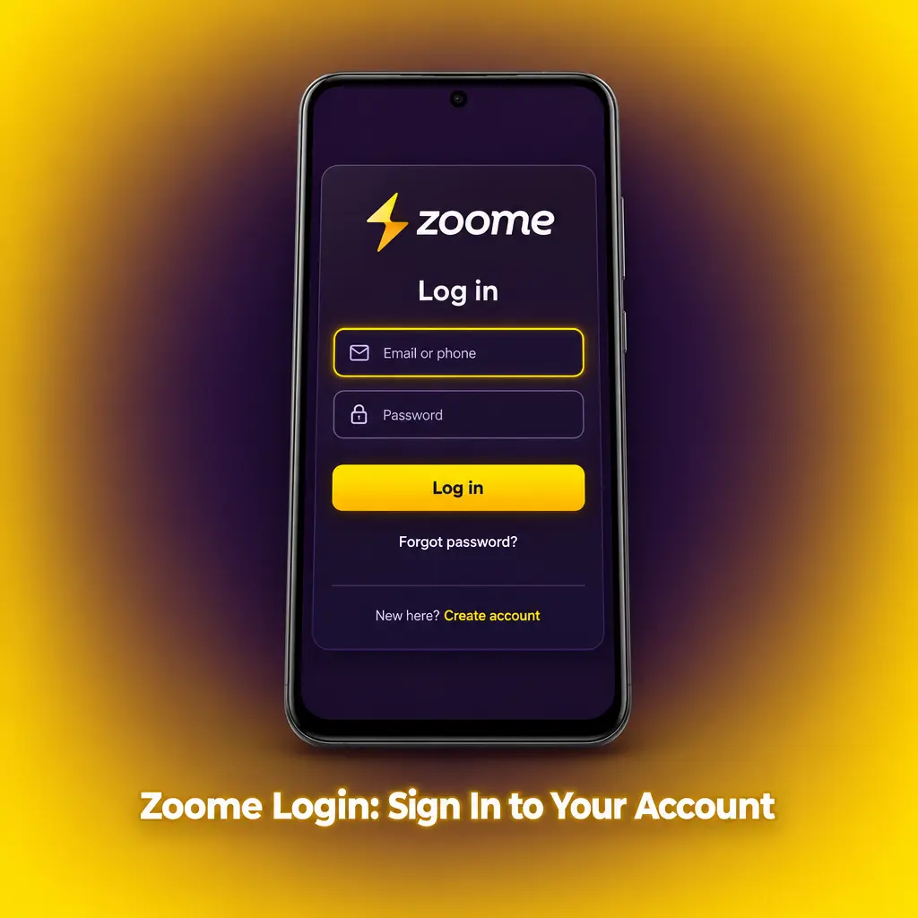 Zoome login form with email and password fields and a Login button for signing in on the website or app