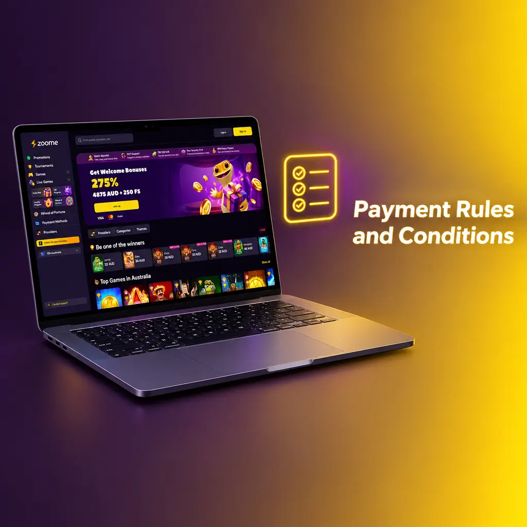 Checklist of payment rules and conditions for deposits and withdrawals, including ID verification, AUD currency and age limits