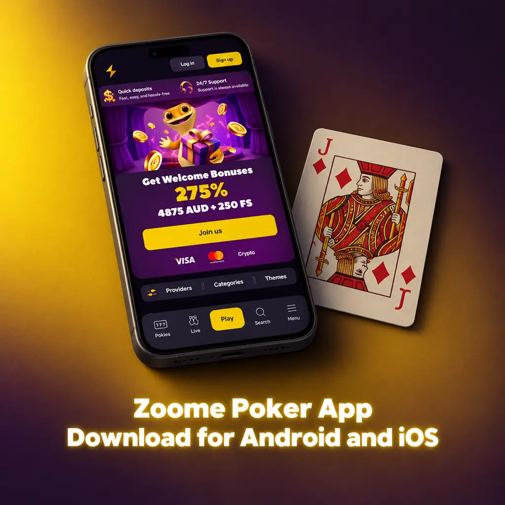 Smartphone showing the Zoome poker app with a Download App button for Android and iOS installation