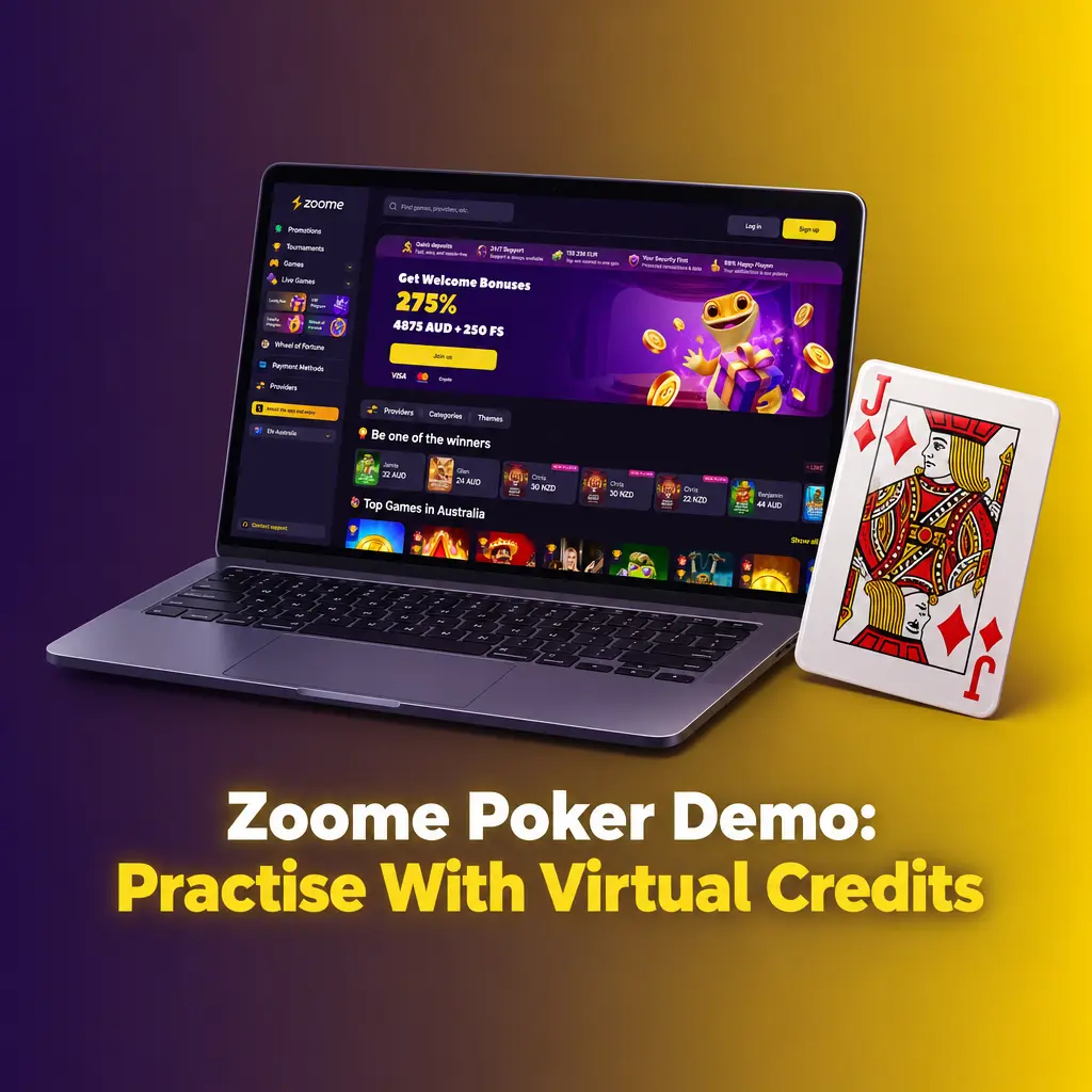Zoome video poker demo screen showing cards, bet controls and pay table, played with virtual credits