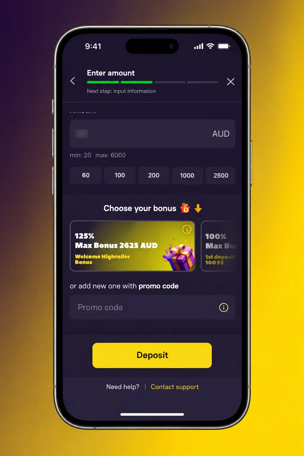 Zoome app on a phone showing the promo code entry field for activating a welcome bonus when topping up in AUD