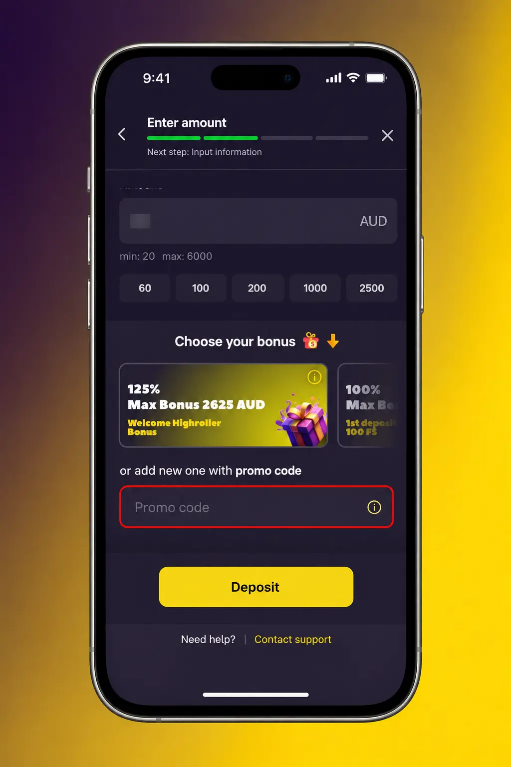 Zoome app screen showing promo code entry in the bonus code field during a top-up in AUD on a smartphone