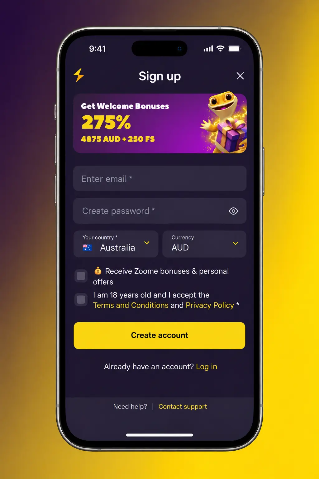 Smartphone showing the Zoome app screen for entering a promo code during an AUD top-up to claim a welcome bonus