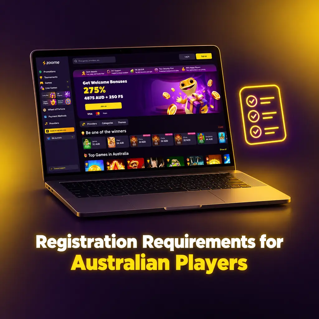 Checklist of online casino registration requirements for Australian players, including 18+ age and valid photo ID