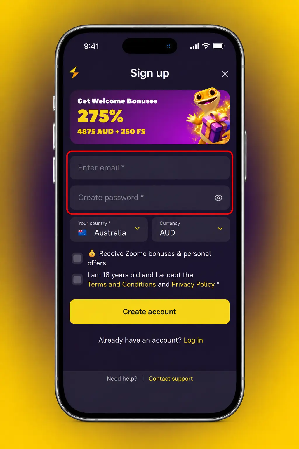 Zoome sign up page screenshot showing the five-step account registration form with email, password and AUD currency