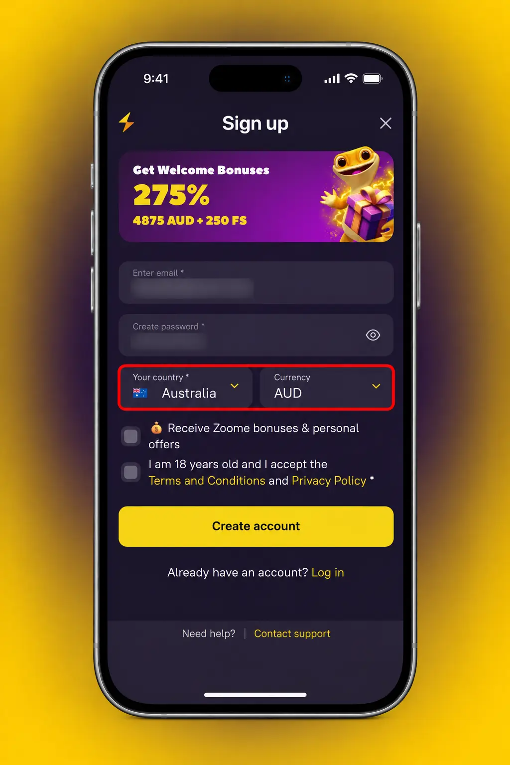 Zoome sign up page showing the registration form for creating an account in five steps with AUD currency
