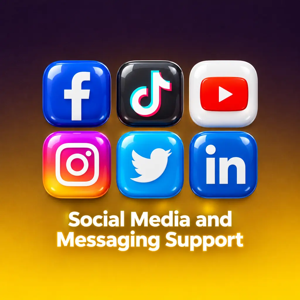 Smartphone showing WhatsApp, Telegram, Messenger and X icons for official social media and messaging support channels