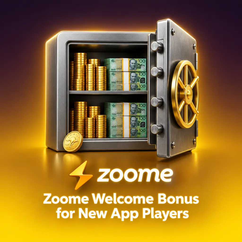 Zoome app welcome bonus banner showing Sports and Casino offers for new Australian players, including free spins