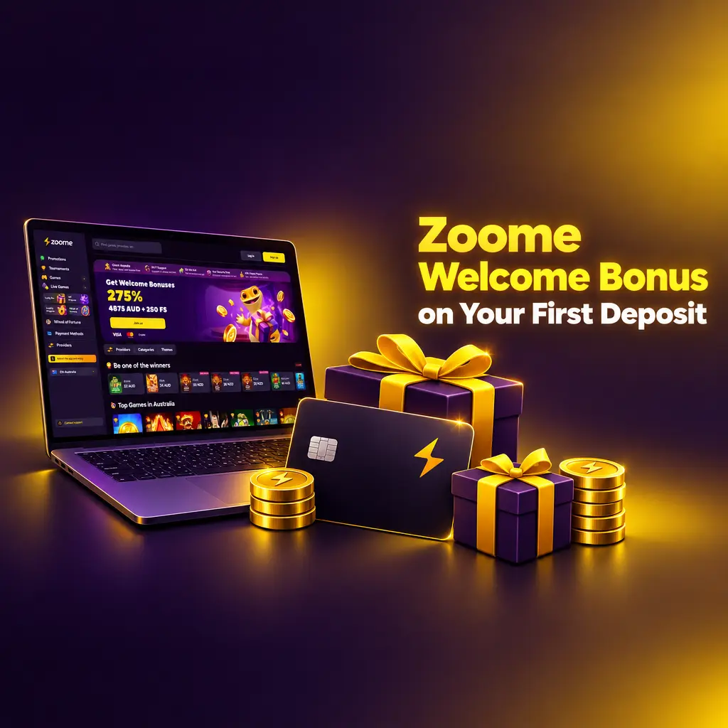 Zoome welcome bonus banner for Australian players offering four first deposit match offers and free spins