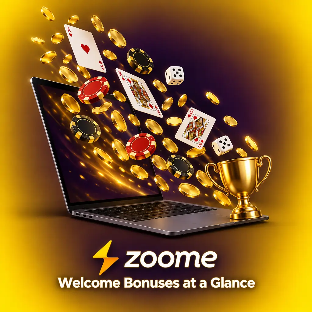 Table comparing Zoome casino welcome bonuses, with match rates, maximum bonus in AUD, free spins and deposit terms