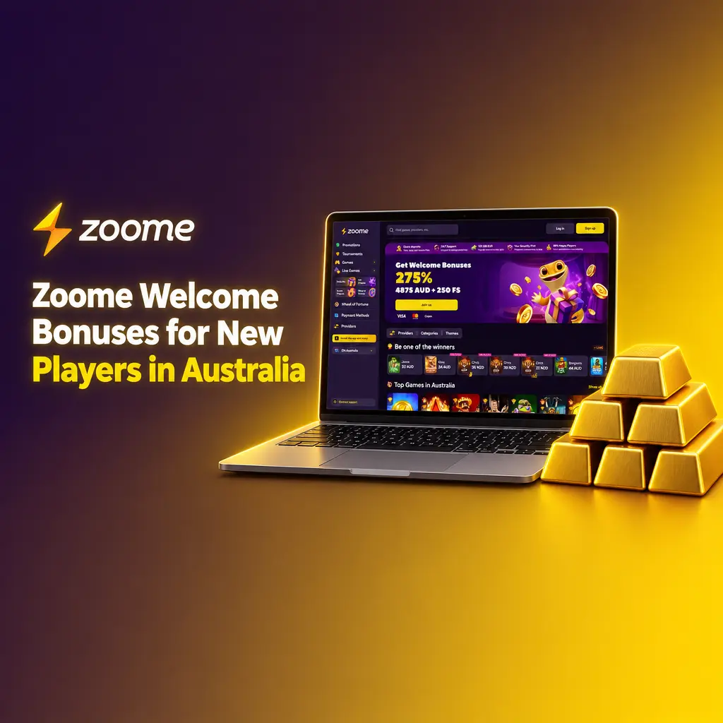 Table comparing four Zoome welcome bonuses for new Australian players, with match rates, AUD caps and free spins