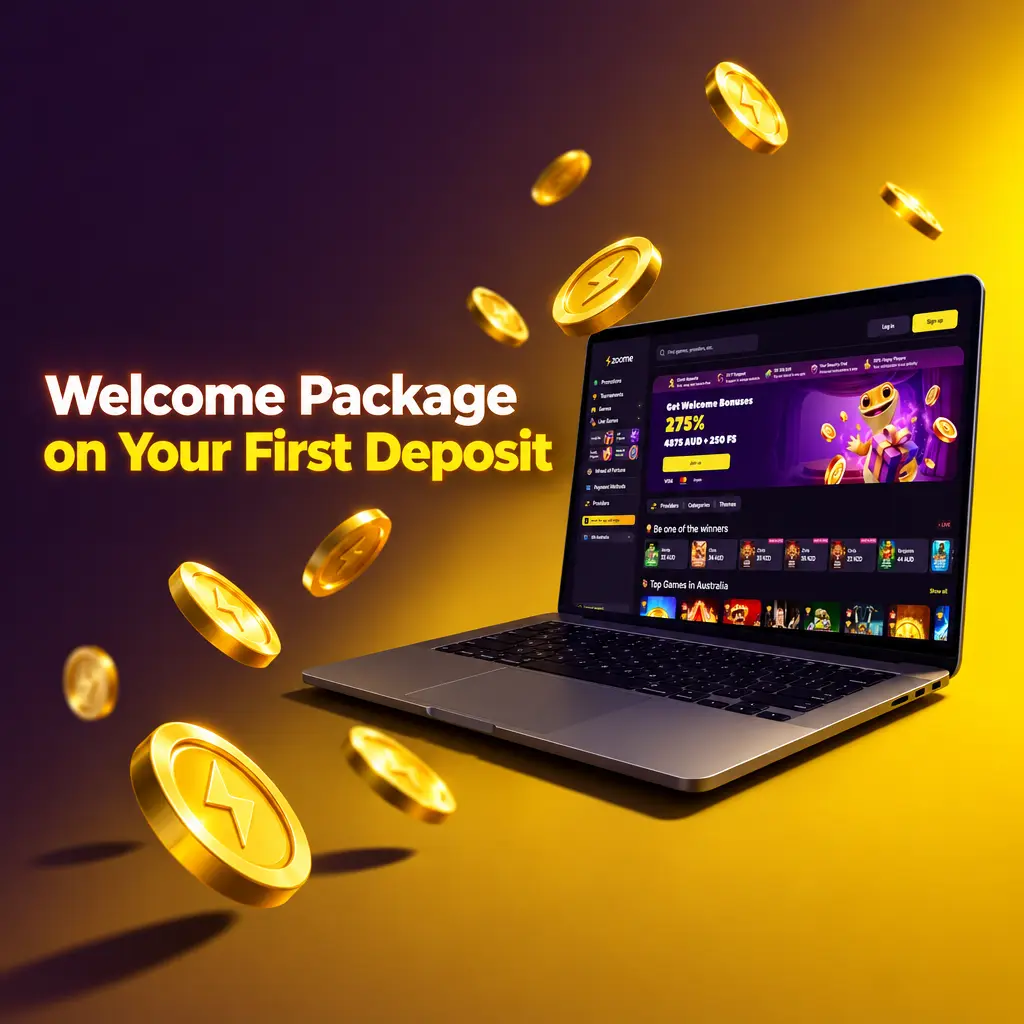 Welcome package banner for new Australian players with first deposit bonuses up to 2,625 AUD and free spins